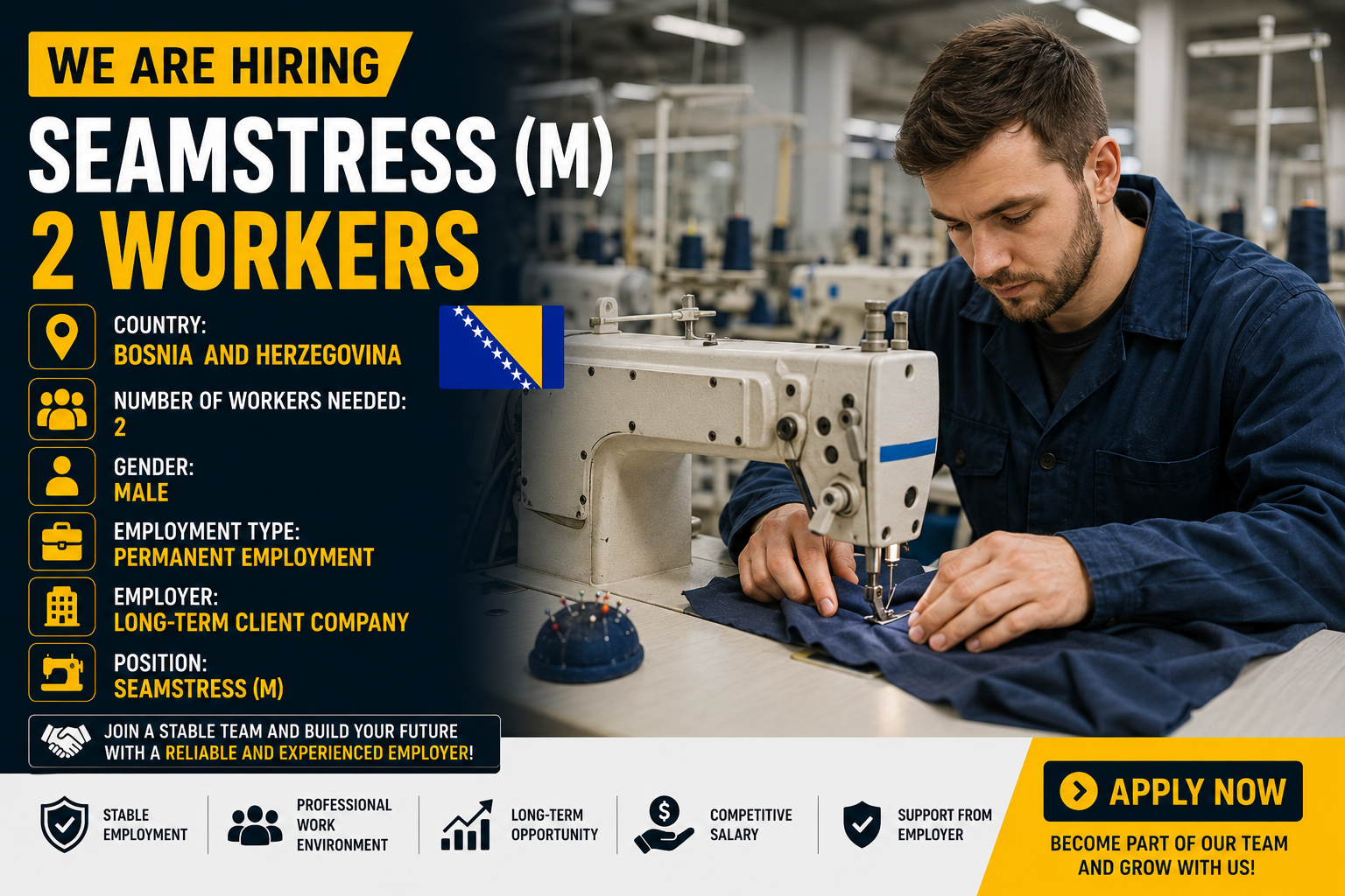 SEAMSTRESS (M/F) FOR BOSNIA AND HERZEGOVINA (NikGol)